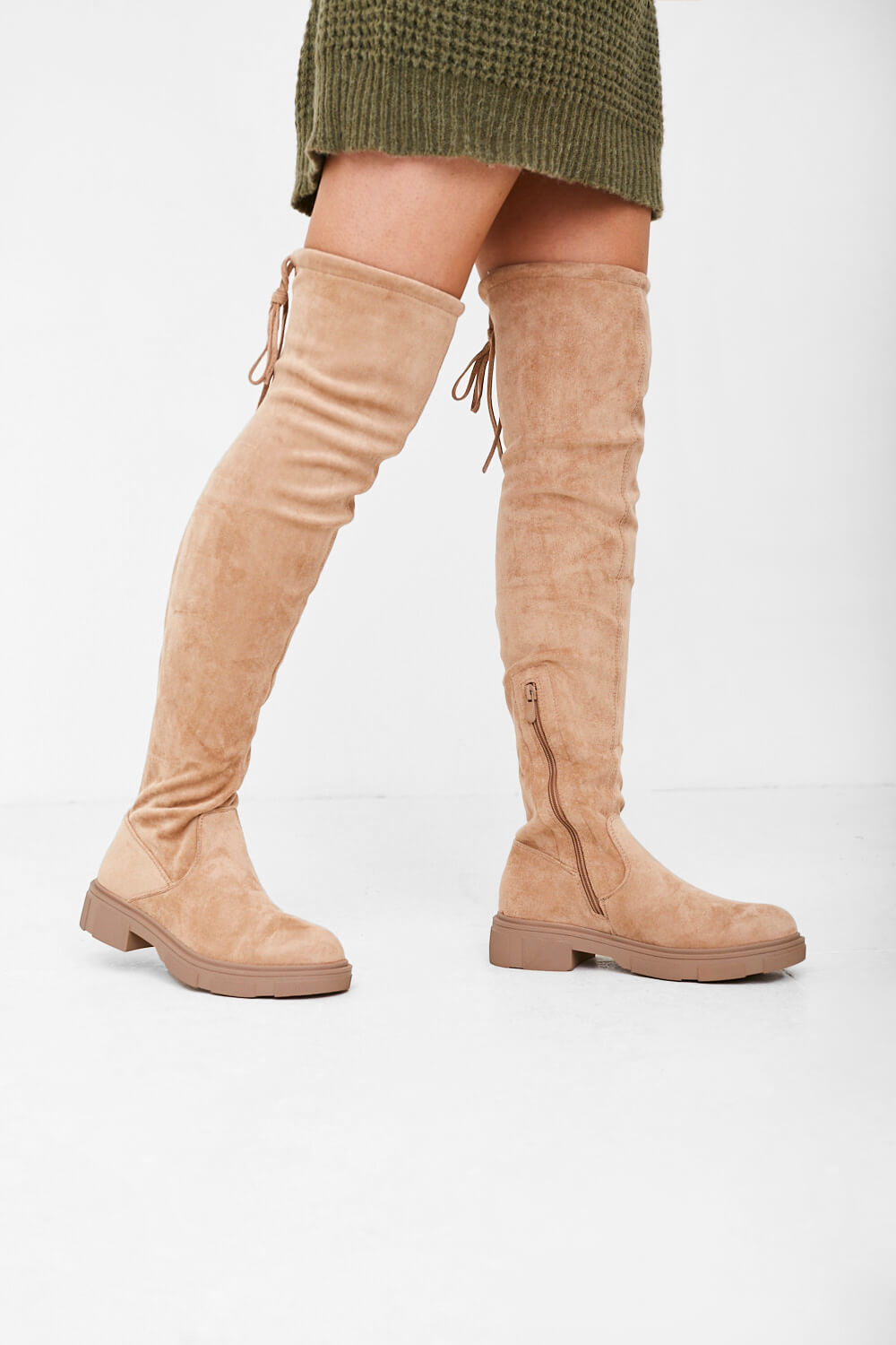 Davina Faux Suede Knee High Boots in Beige