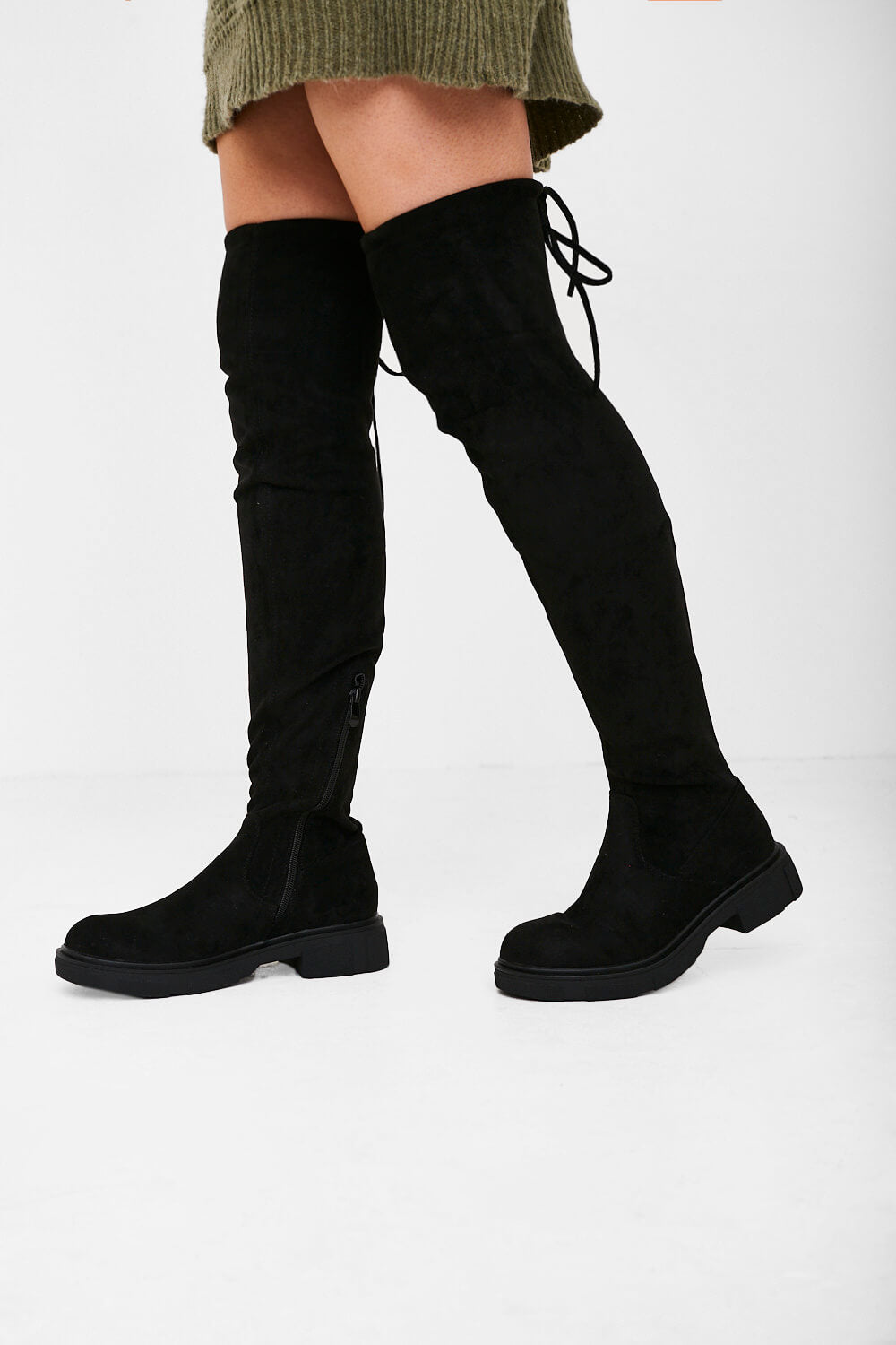 Davina Faux Suede Knee High Boots in Black