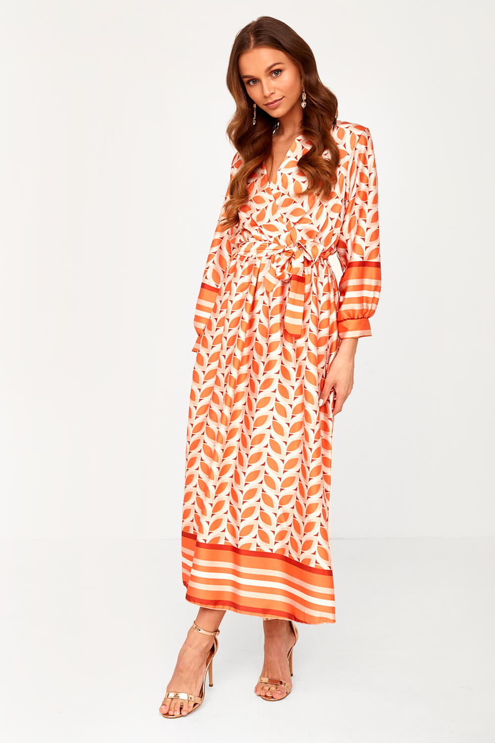 Davina Printed Wrap Dress in Orange