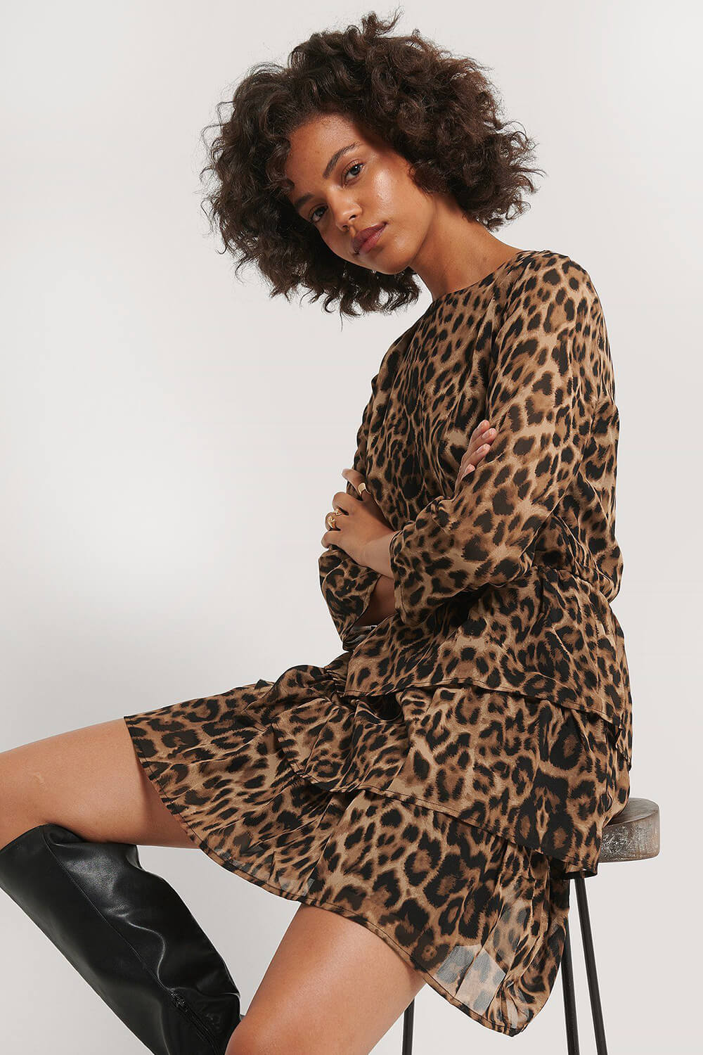 NA-KD Chiffon Animal Print Dress in Brown