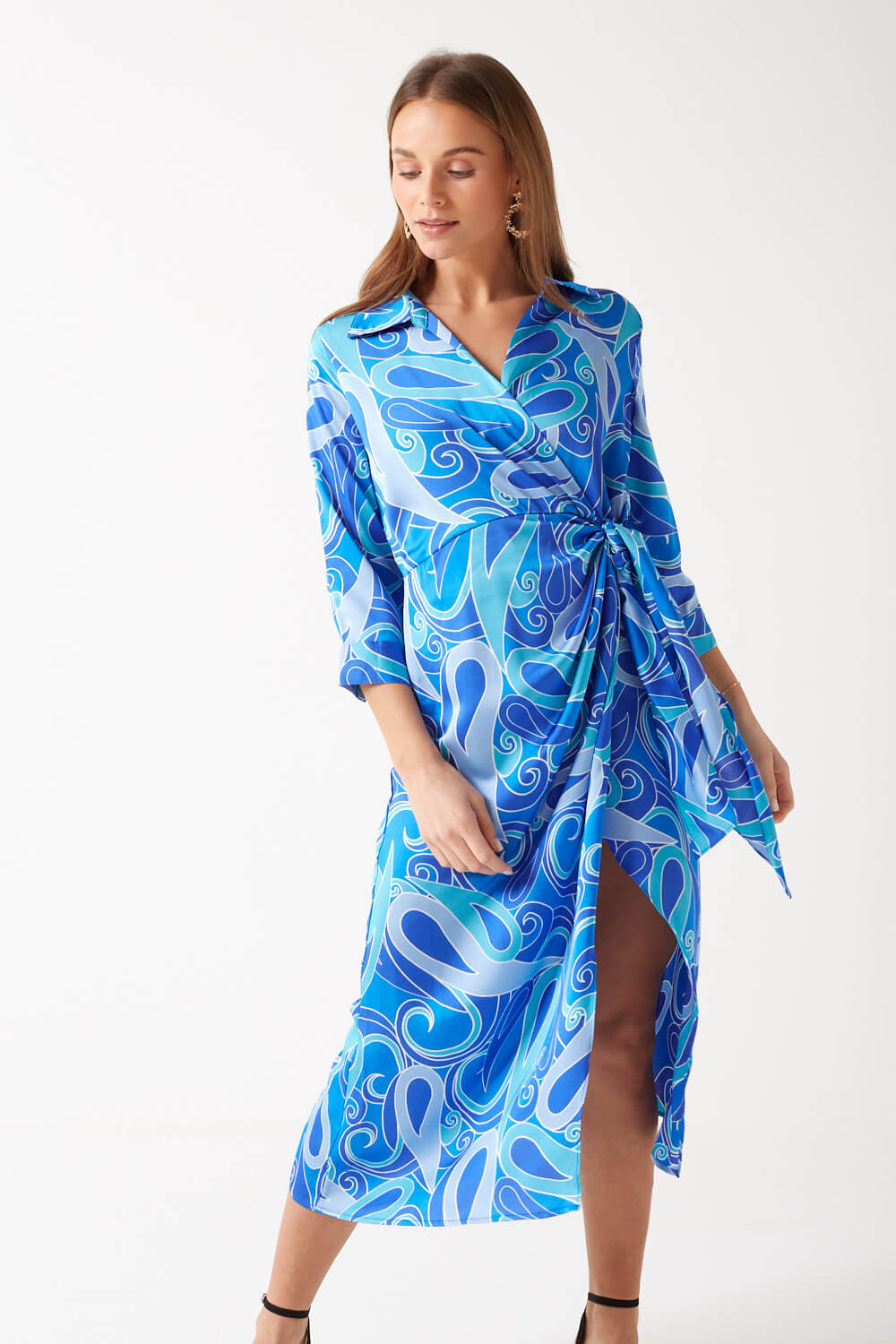 Dolly Printed Wrap Dress in Blue