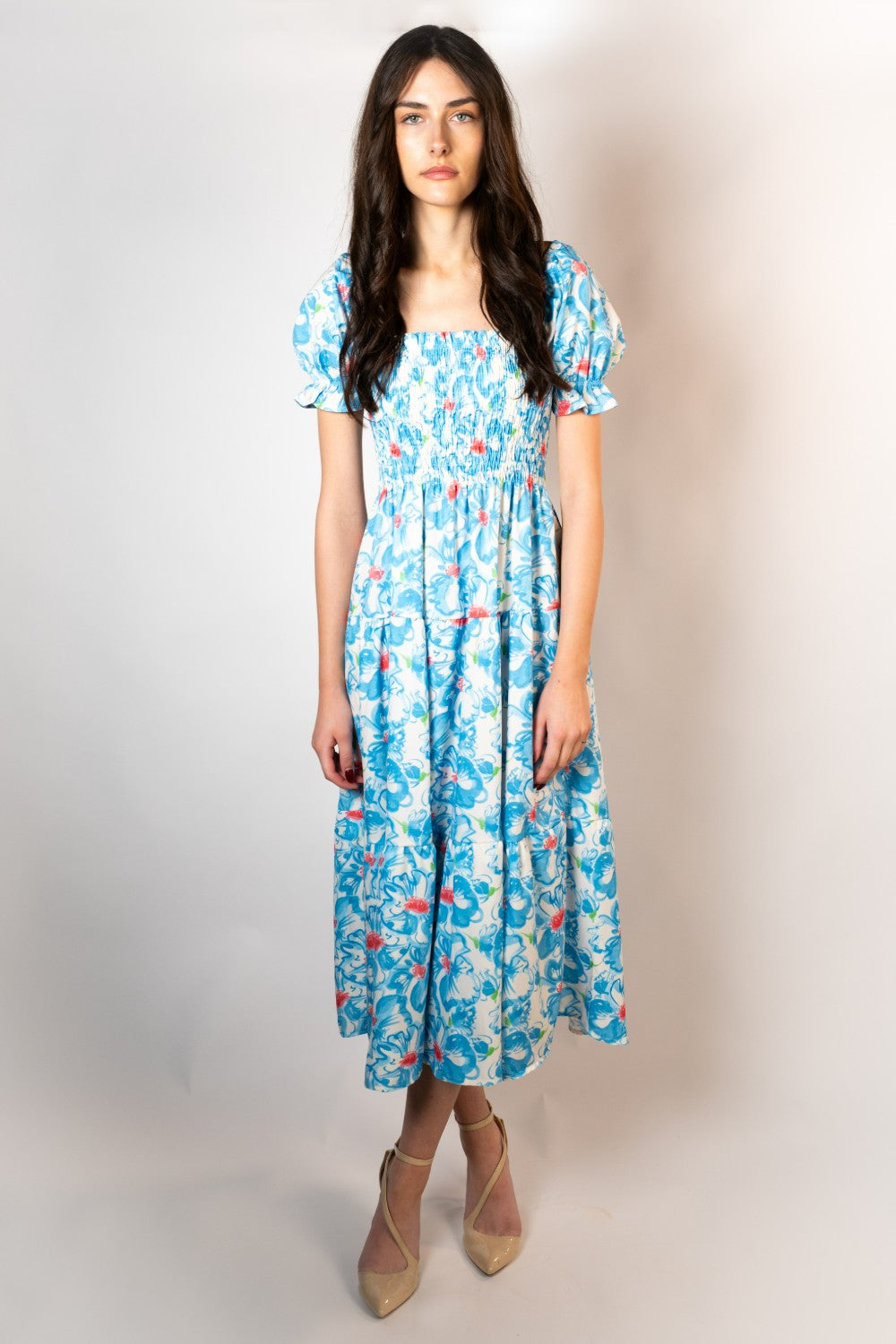 Mila Floral Midi Dress in Blue