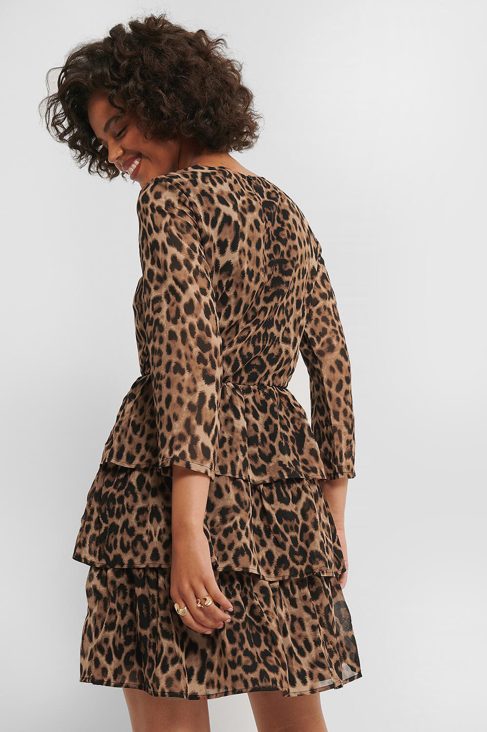 NA-KD Chiffon Animal Print Dress in Brown