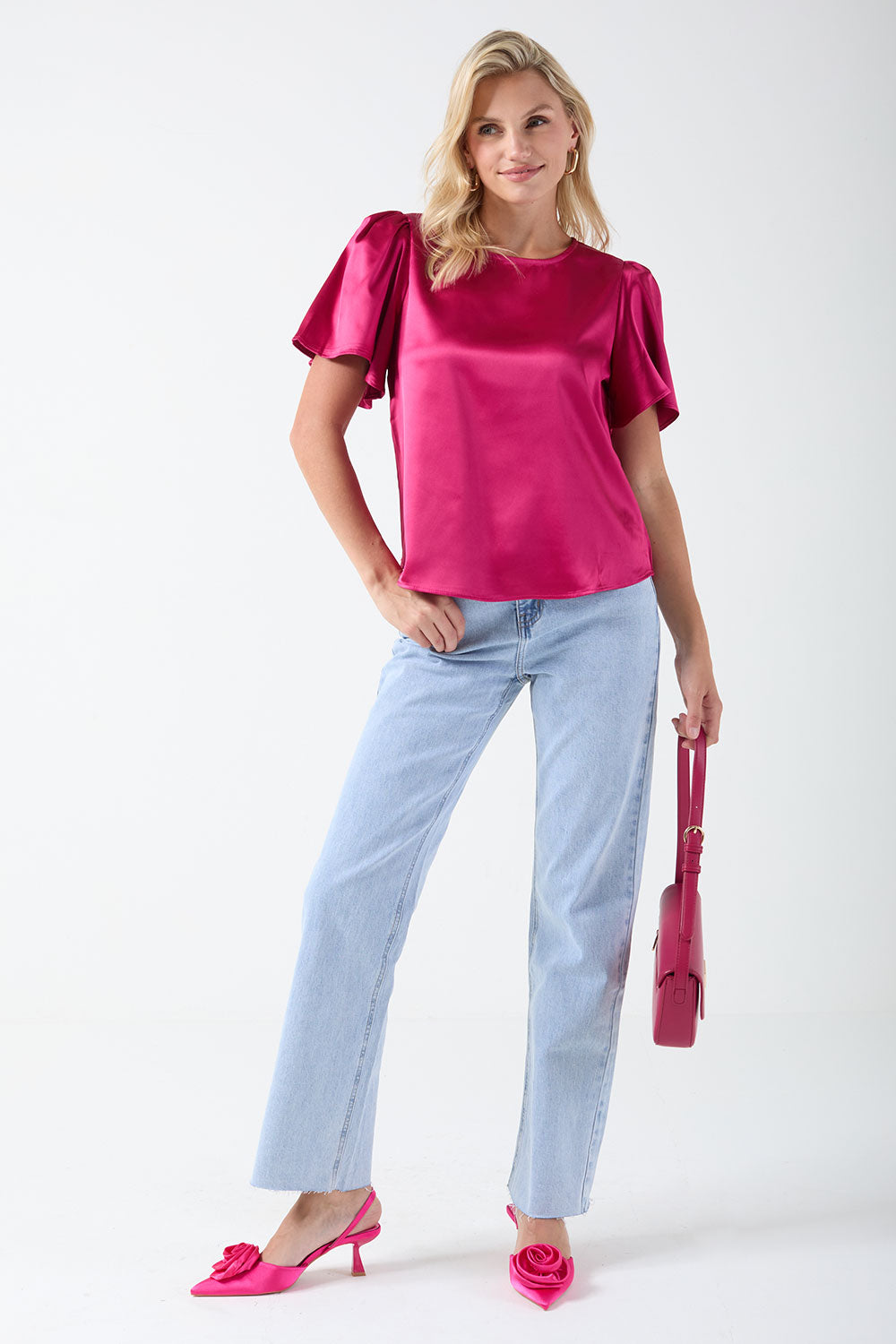 Annie Satin Short Sleeve Top in Cerise