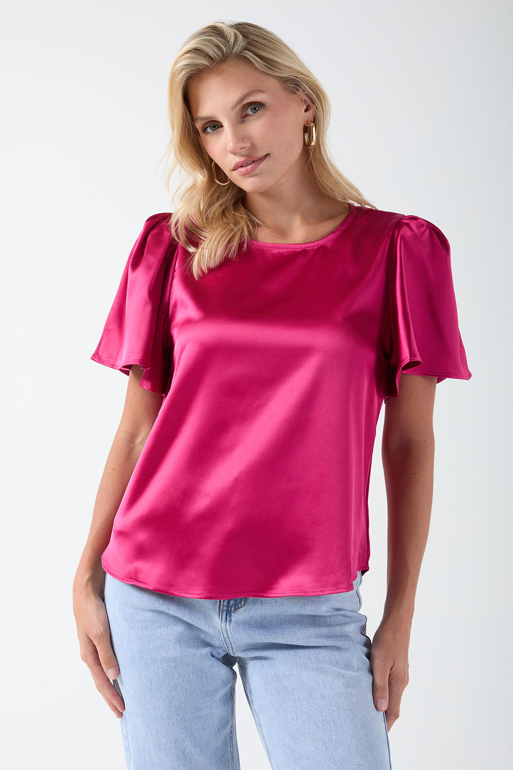 Annie Satin Short Sleeve Top in Cerise