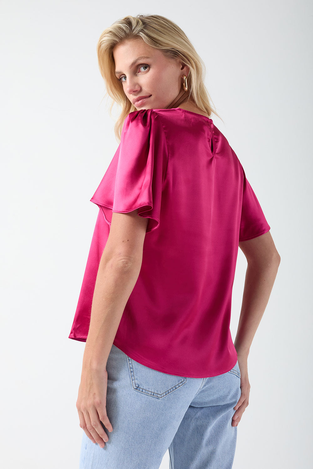 Annie Satin Short Sleeve Top in Cerise