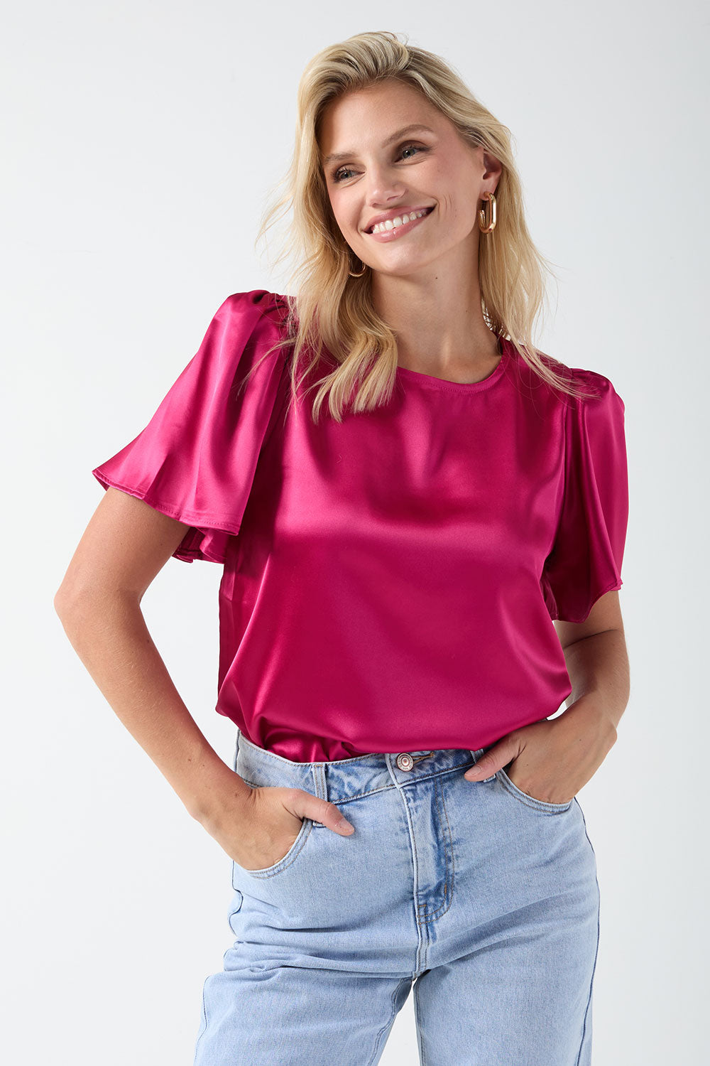 Annie Satin Short Sleeve Top in Cerise
