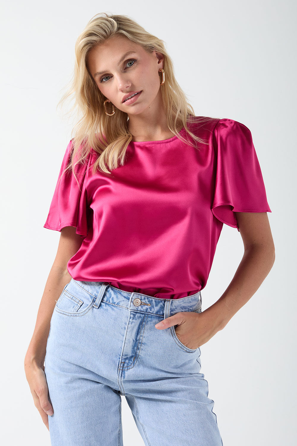 Annie Satin Short Sleeve Top in Cerise