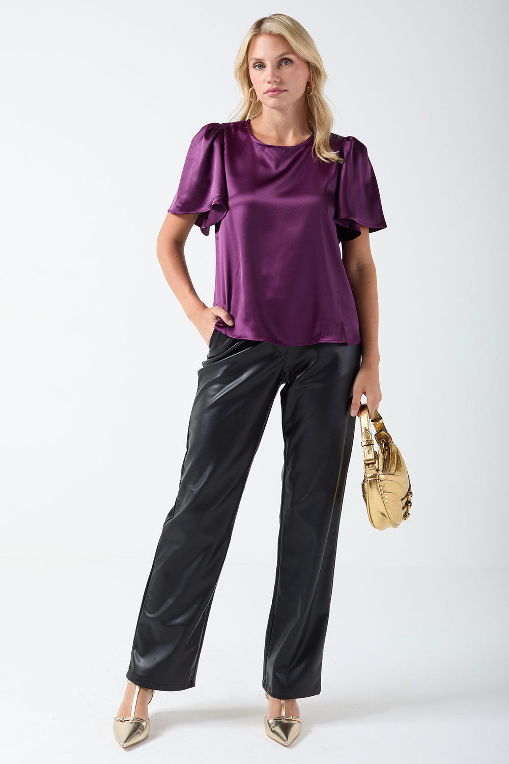 Annie Satin Short Sleeve Top in Purple