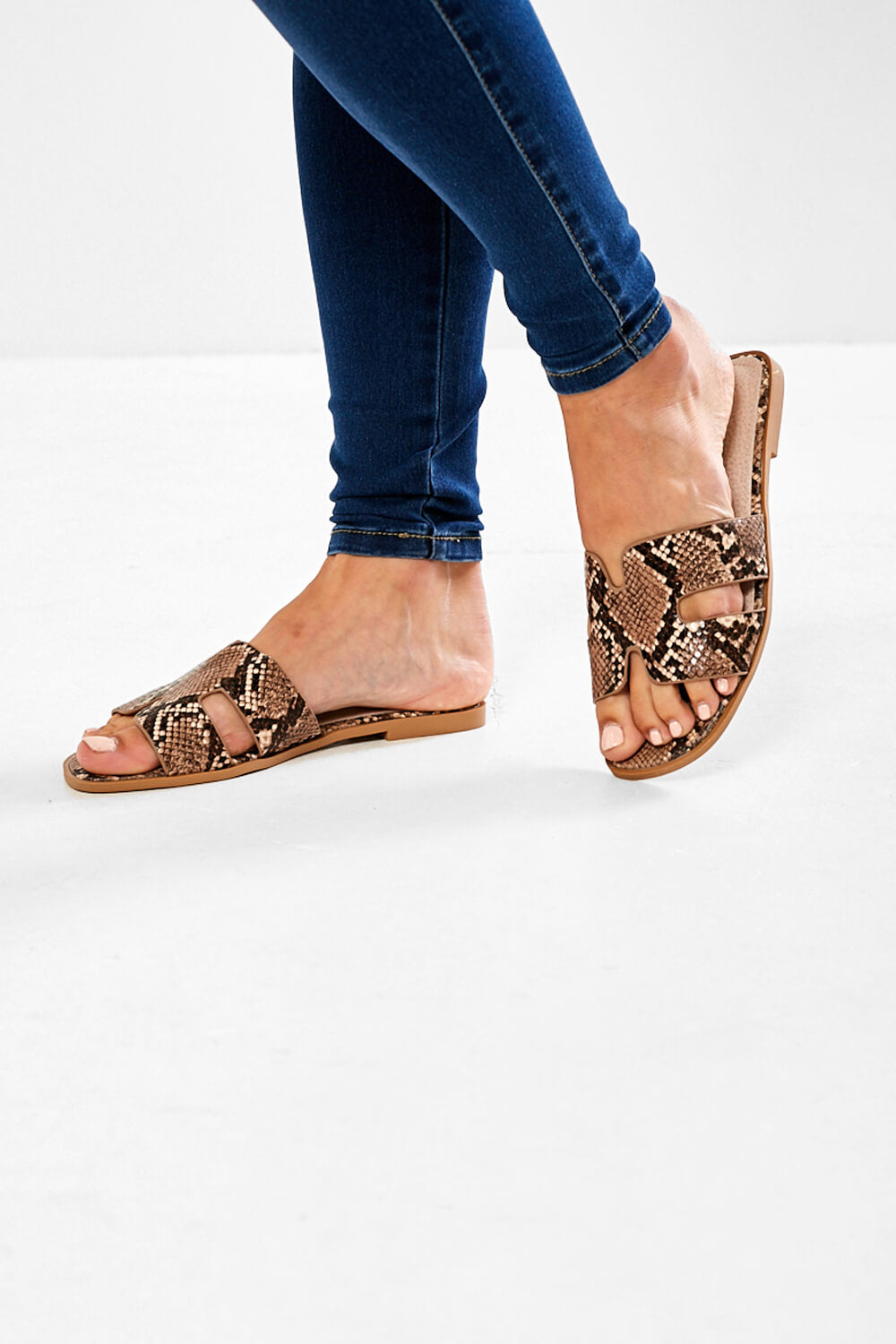 Lolly Brown Snakeskin Slider Sandals
