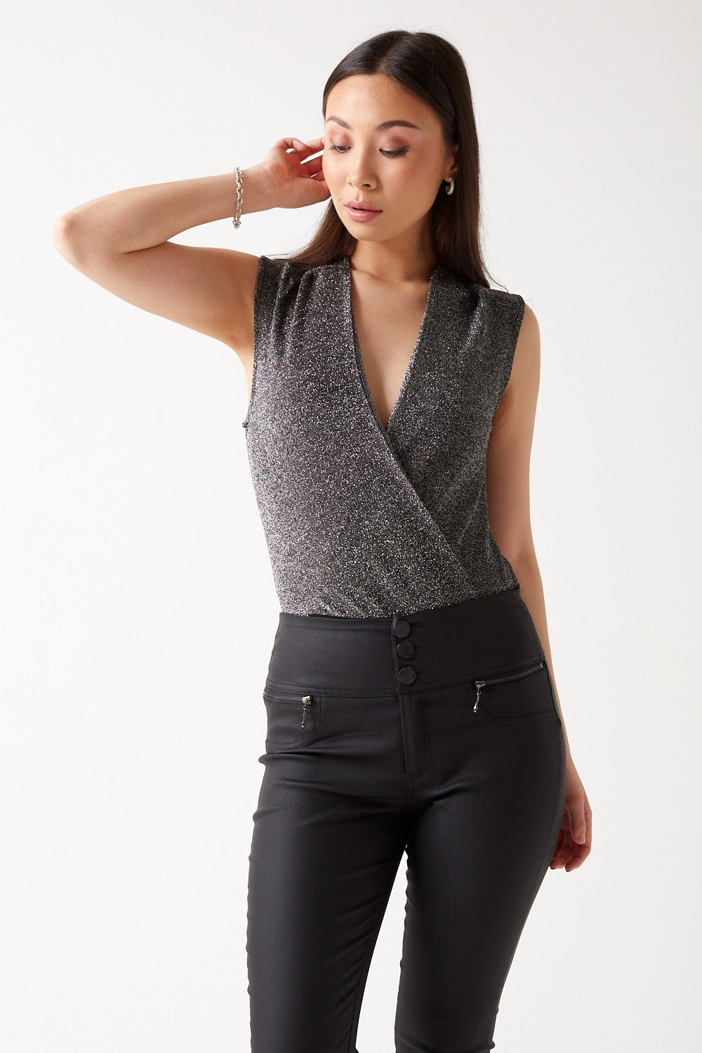 Evy V Neck Glitter Bodysuit in Silver