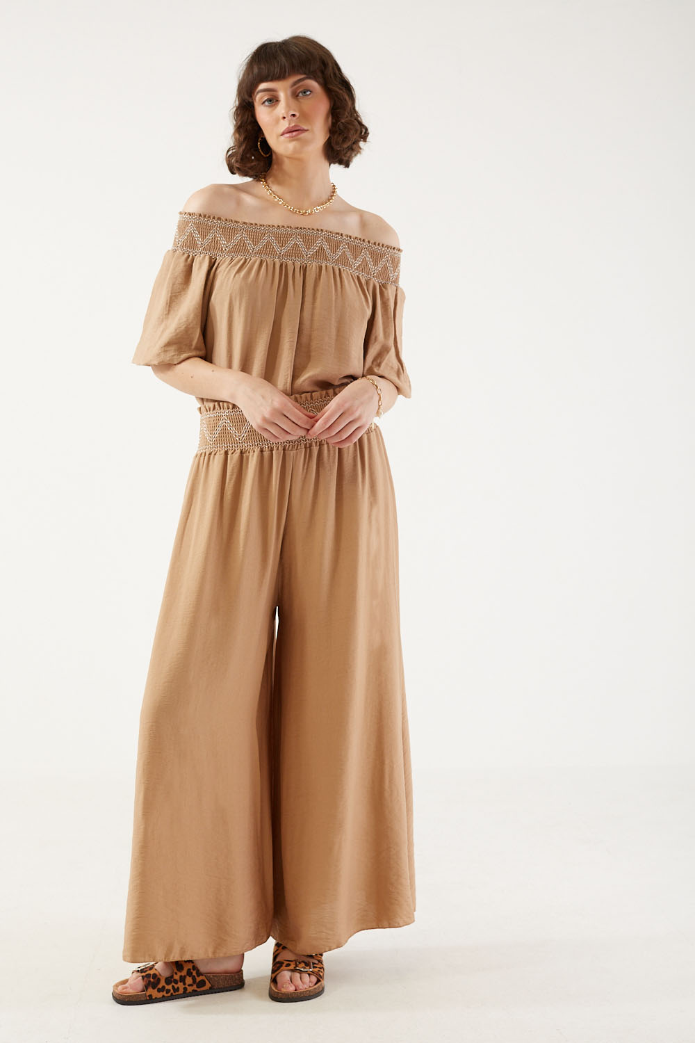 Carmelia Elasticated Wide Leg Trousers in Tan