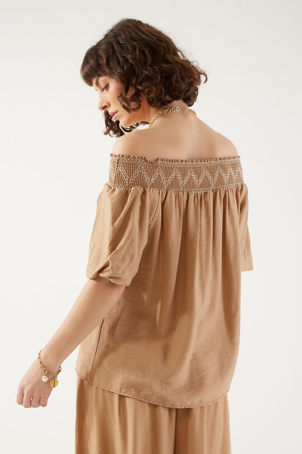 Carmelia Elasticated Top in Tan