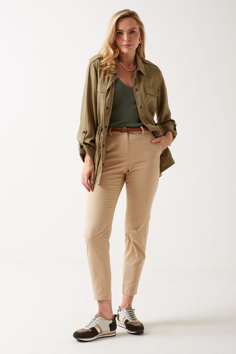 Flash Mid Rise Belted Trousers in Beige