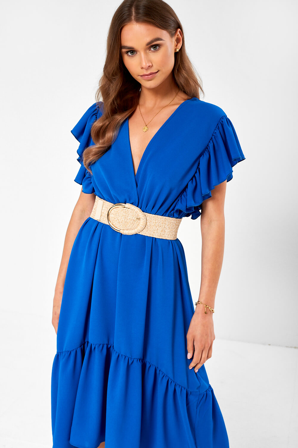 Frill Sleeve Plunge Midi Dress in Blue
