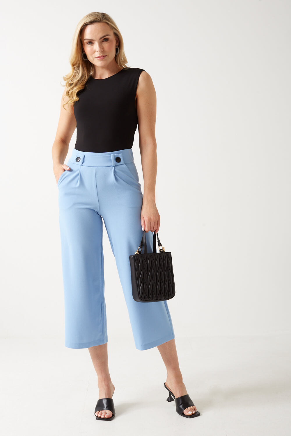Geggo Button Waist Cropped Trousers in Blue