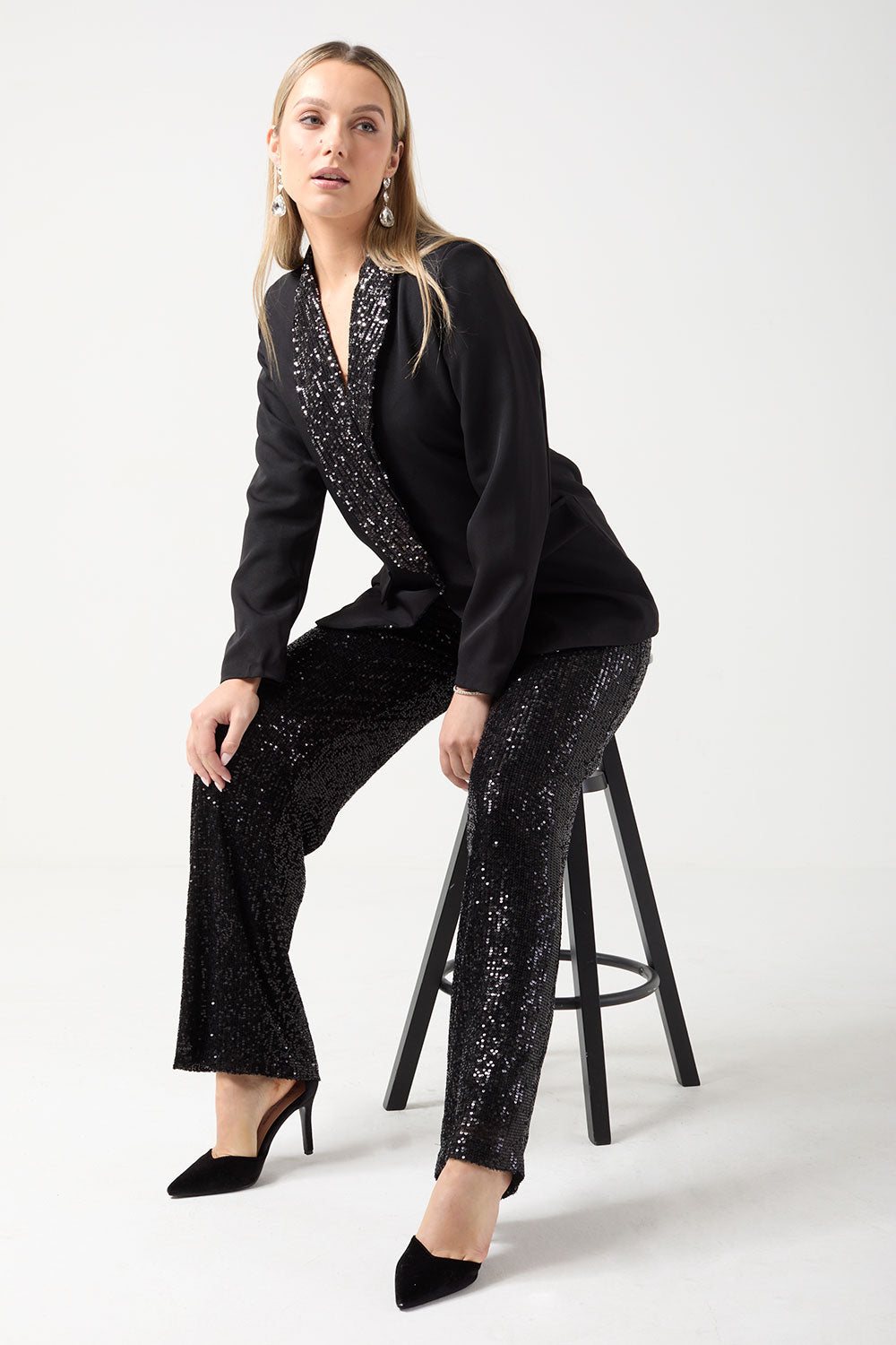 Annie Sequin Lapel Blazer in Black