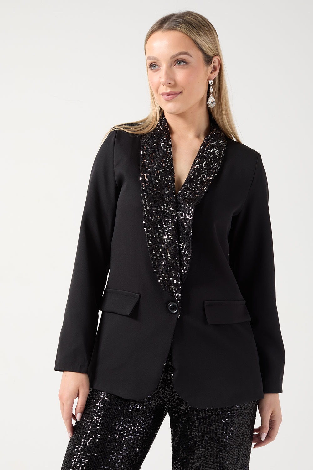 Annie Sequin Lapel Blazer in Black