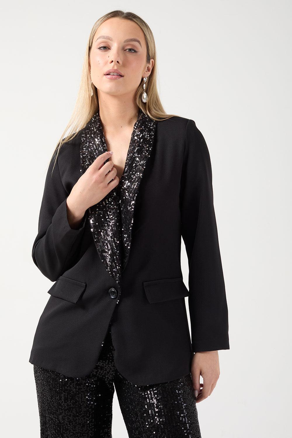 Annie Sequin Lapel Blazer in Black