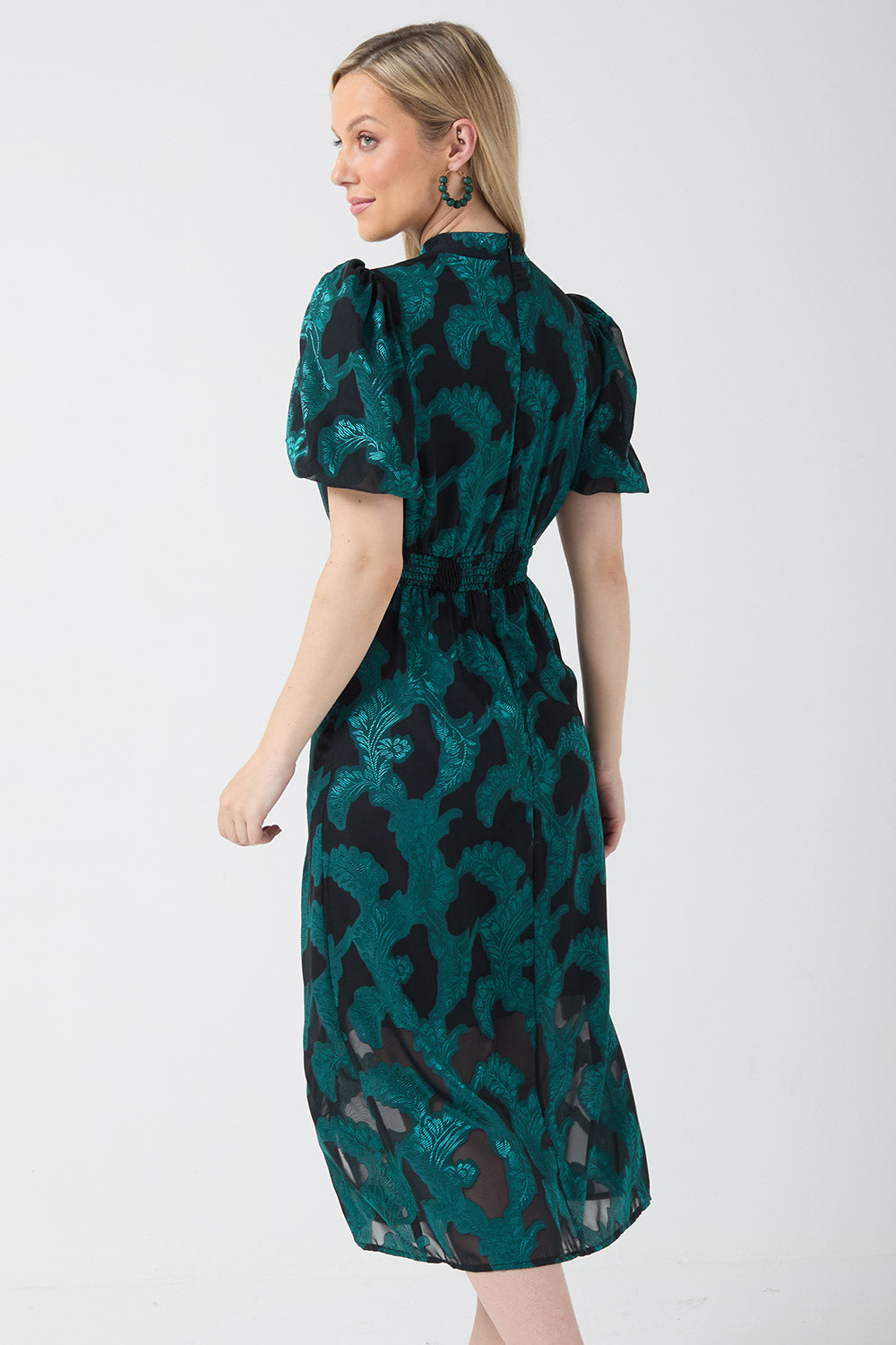 Gina Puff Sleeve Dress in Green Brocade