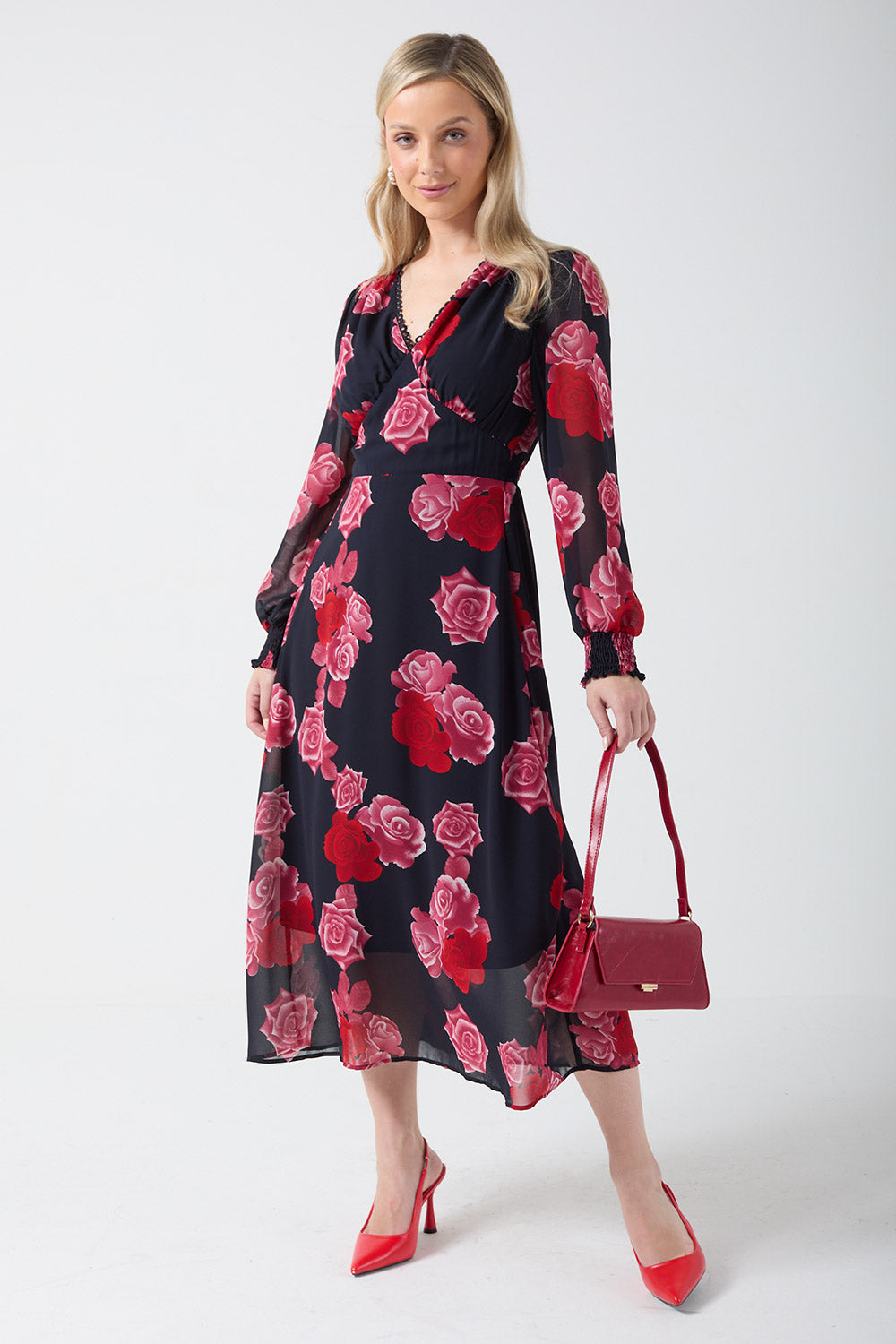 Holly Floral Midi Dress in Rose Print