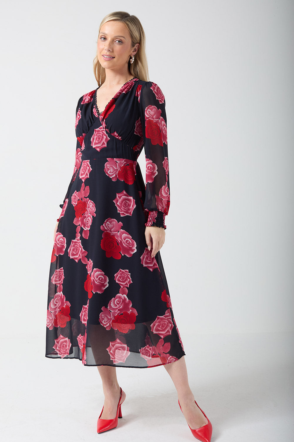 Holly Floral Midi Dress in Rose Print