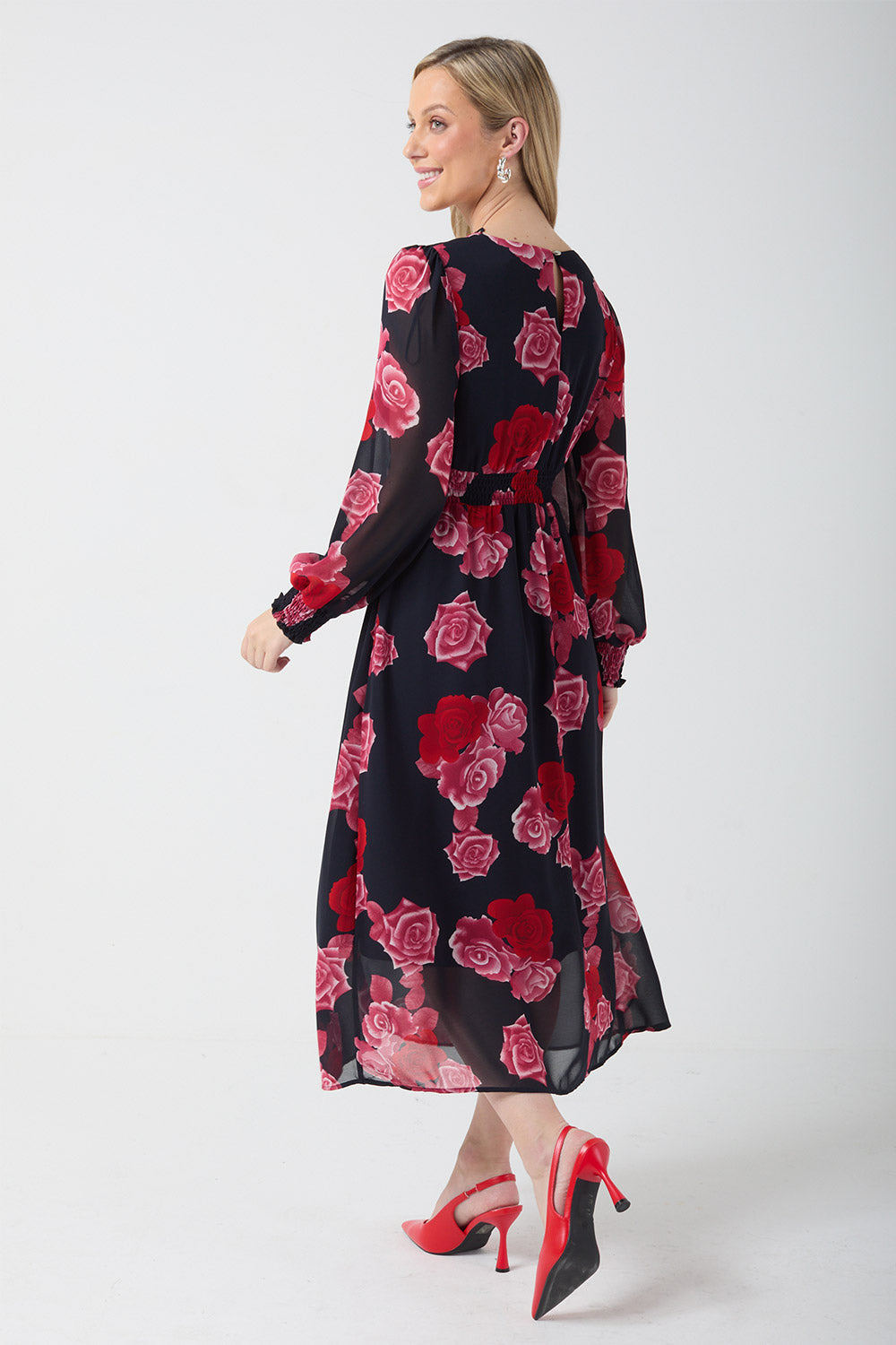 Holly Floral Midi Dress in Rose Print