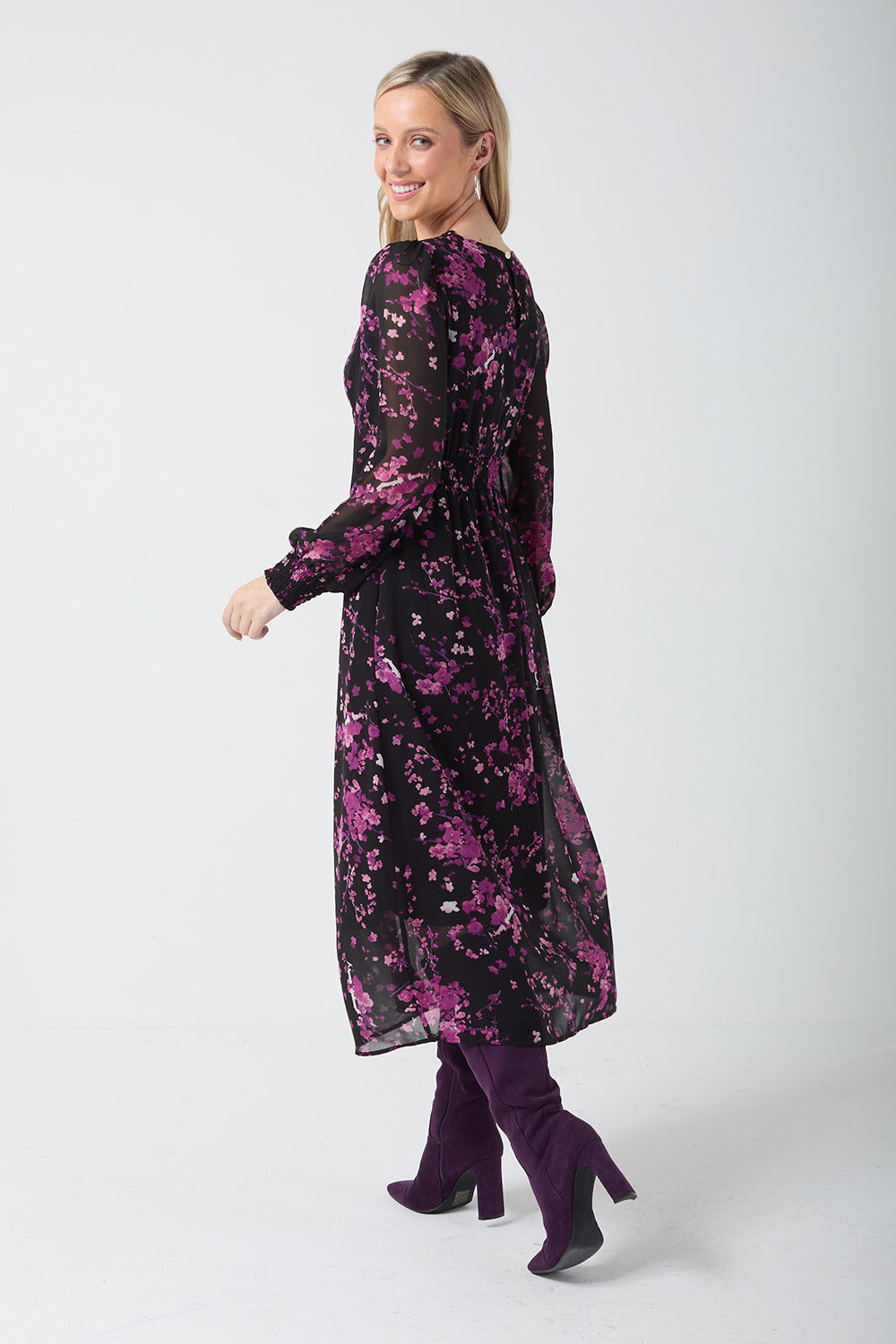 Holly Floral Midi Dress in Purple Print