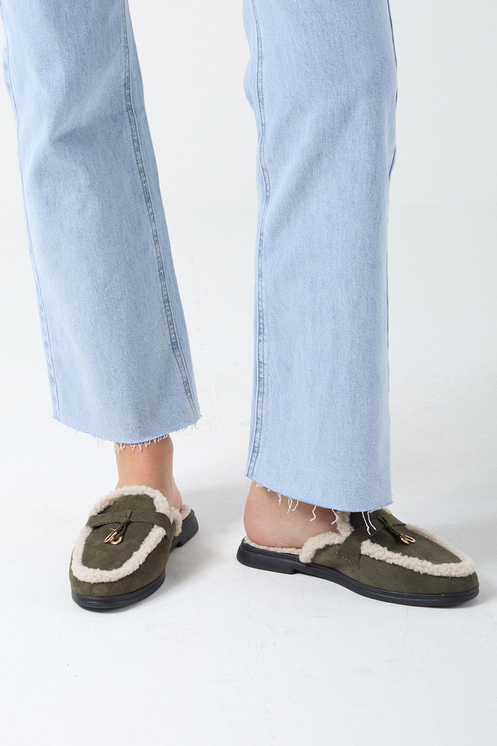 Sue Teddy Lined Slip Ons in Khaki