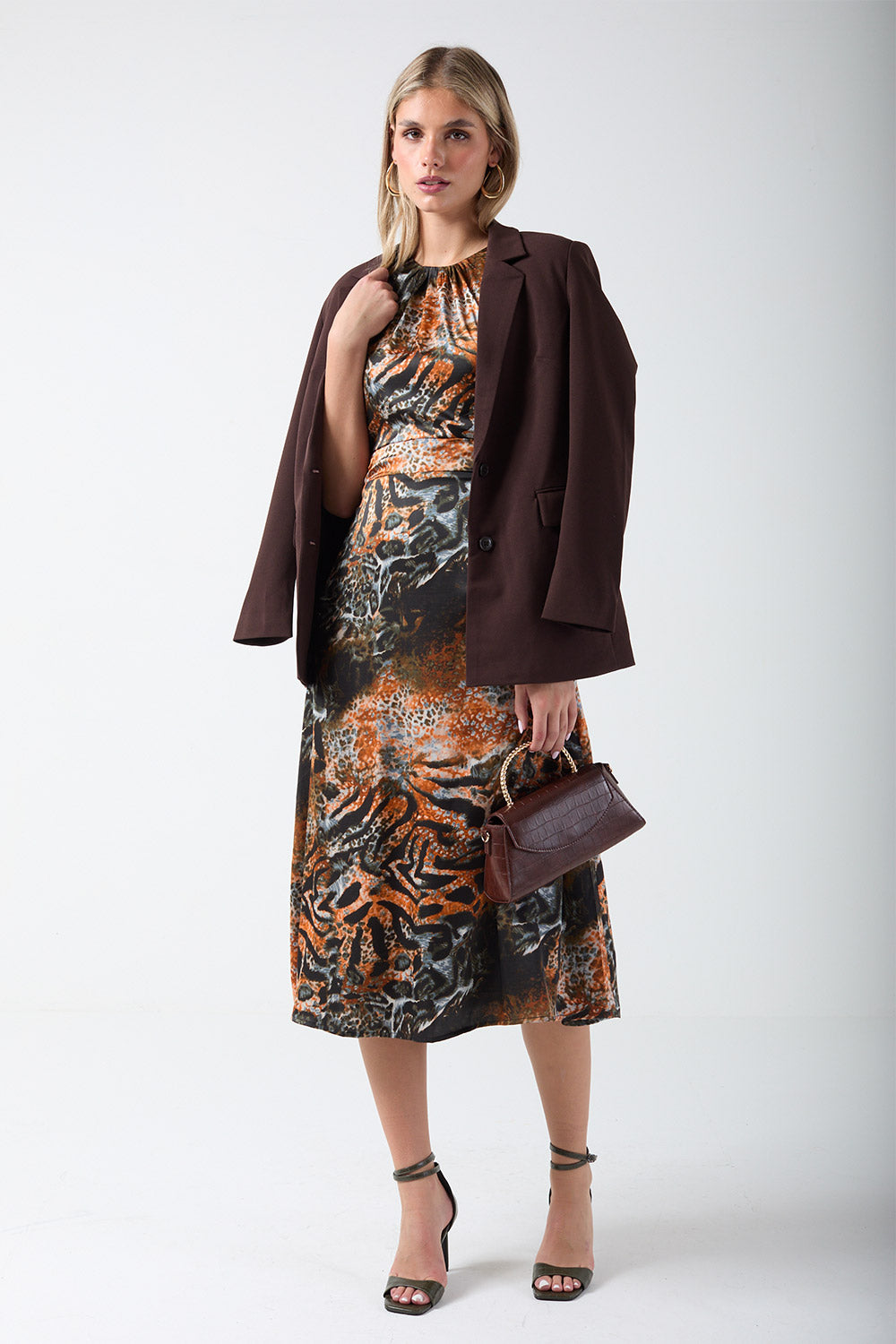 Corina Animal Print Midi Dress in Brown