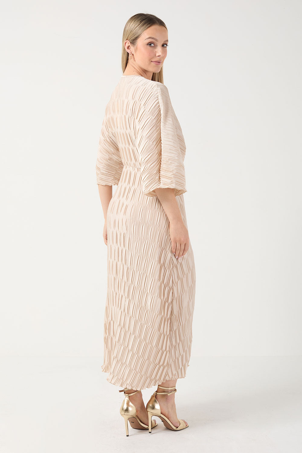 Delia Pleated Midi Dress in Champagne
