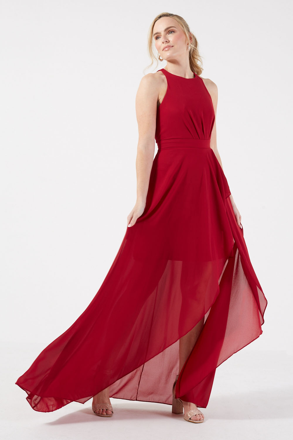 Amelia Halter Neck Asymmetric Long Dress in Red