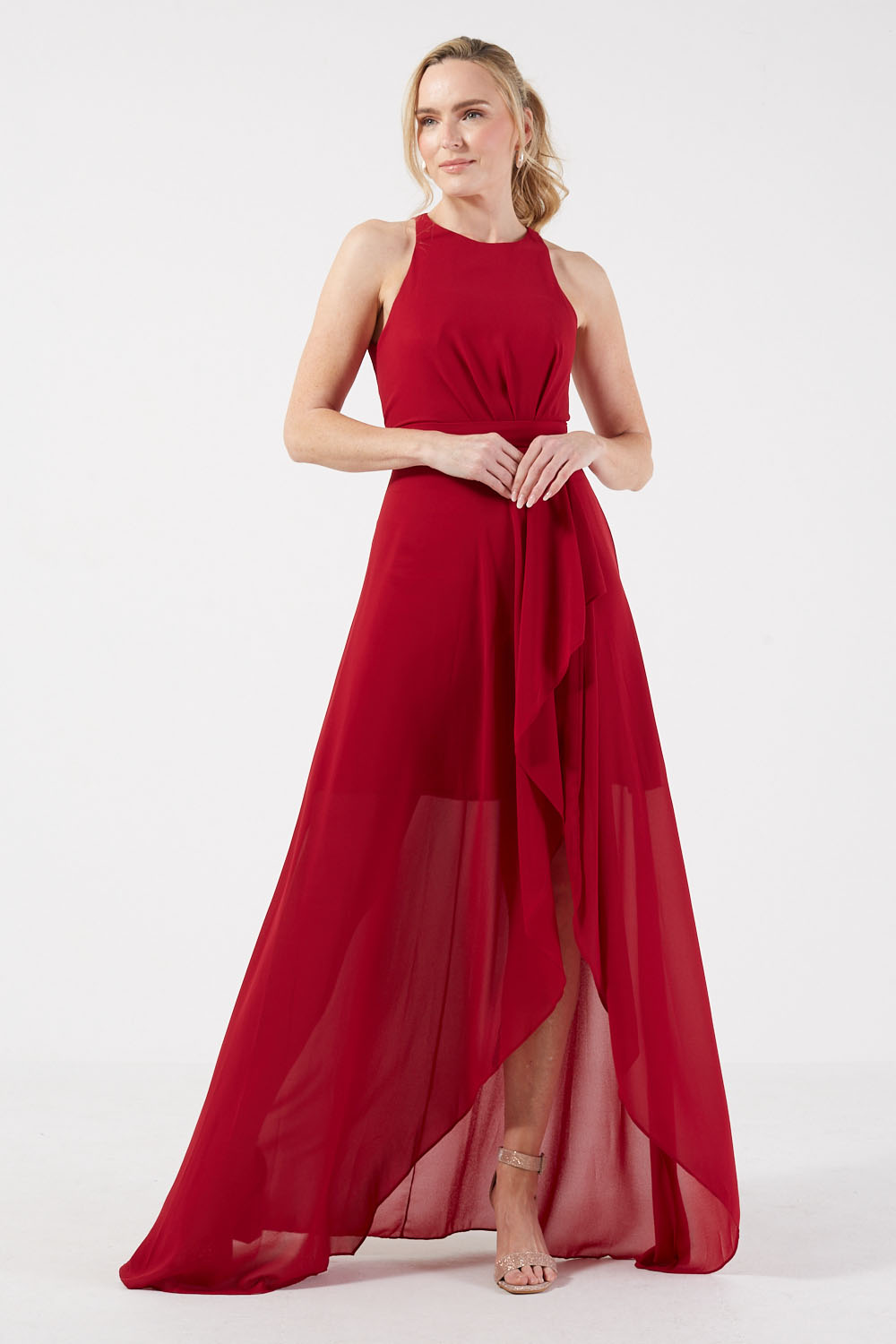Amelia Halter Neck Asymmetric Long Dress in Red