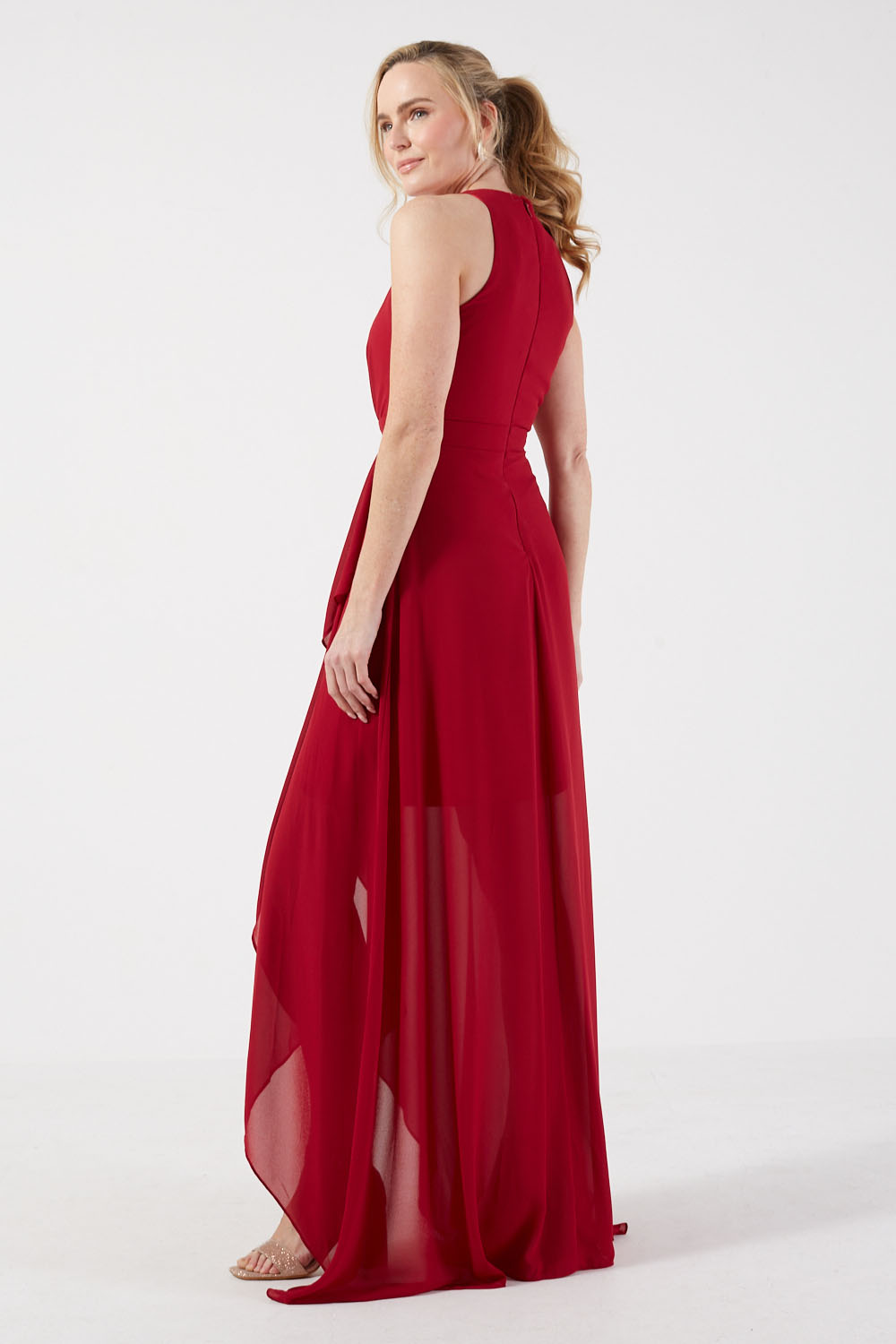 Amelia Halter Neck Asymmetric Long Dress in Red