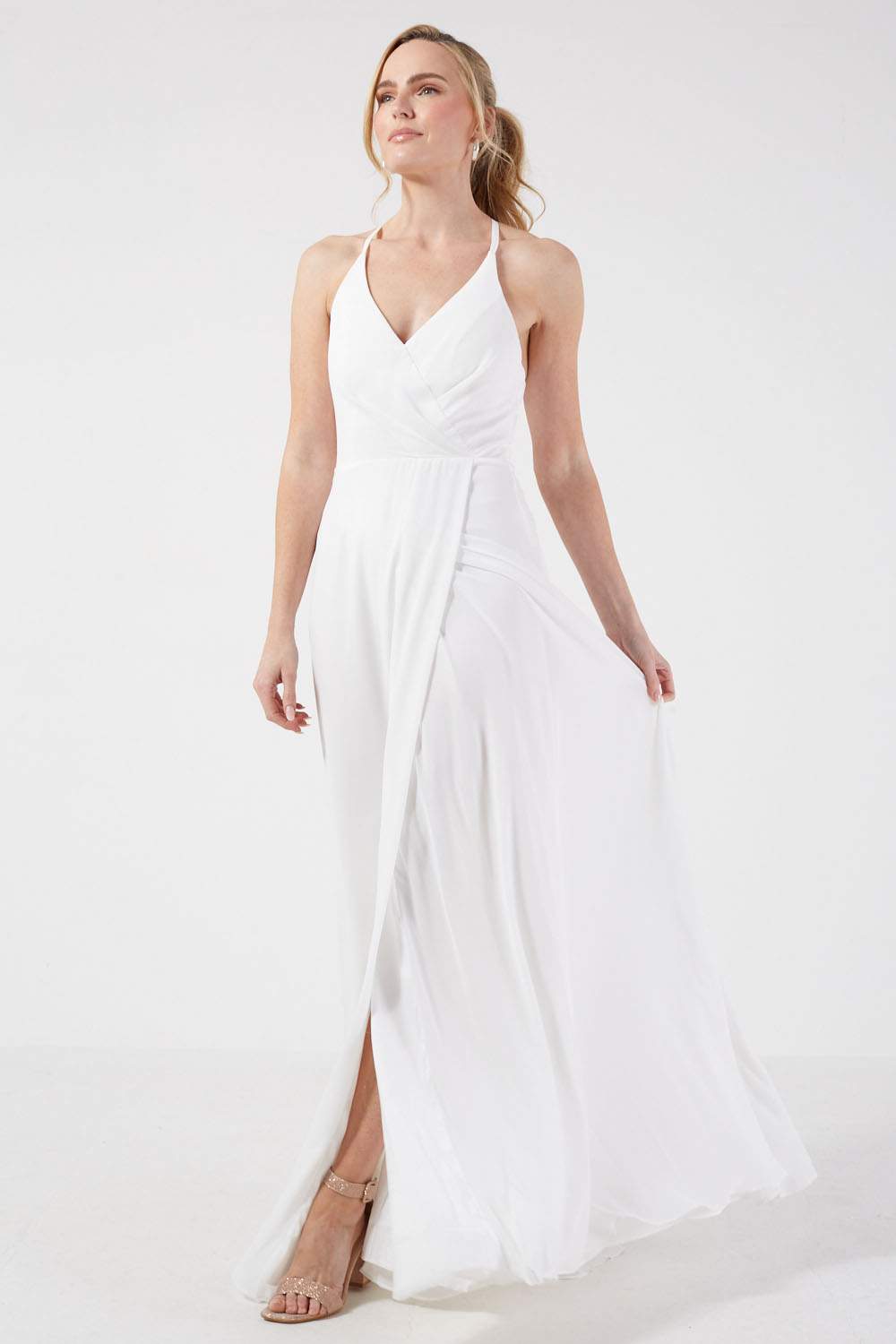 Pietra Strappy Chiffon Long Occasion Dress in White