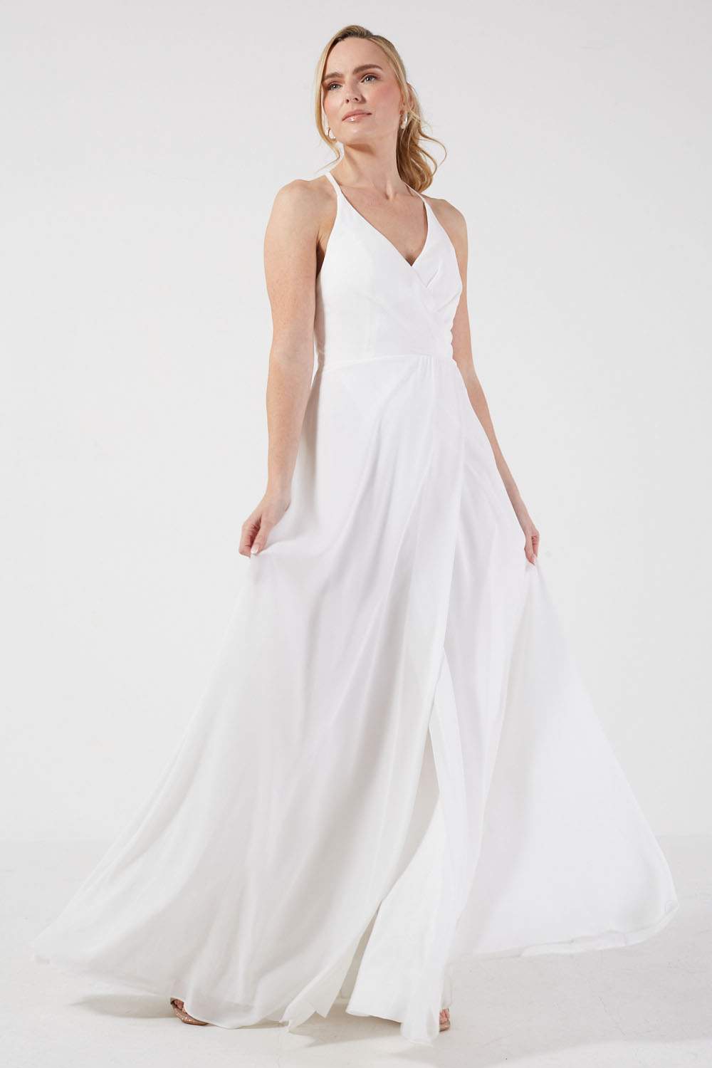 Pietra Strappy Chiffon Long Occasion Dress in White