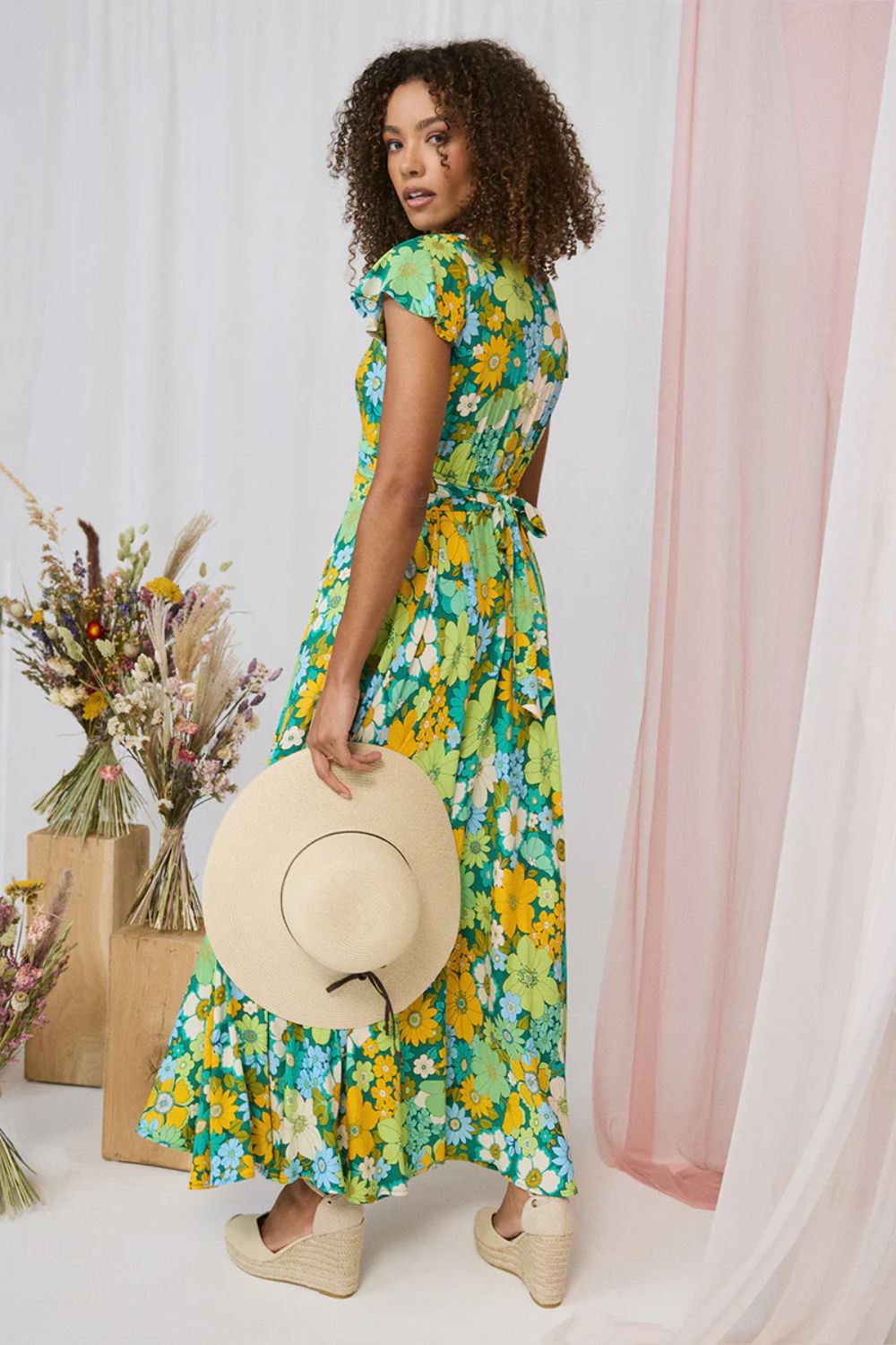 Norah Floral Cap Sleeve Maxi Dress in Green