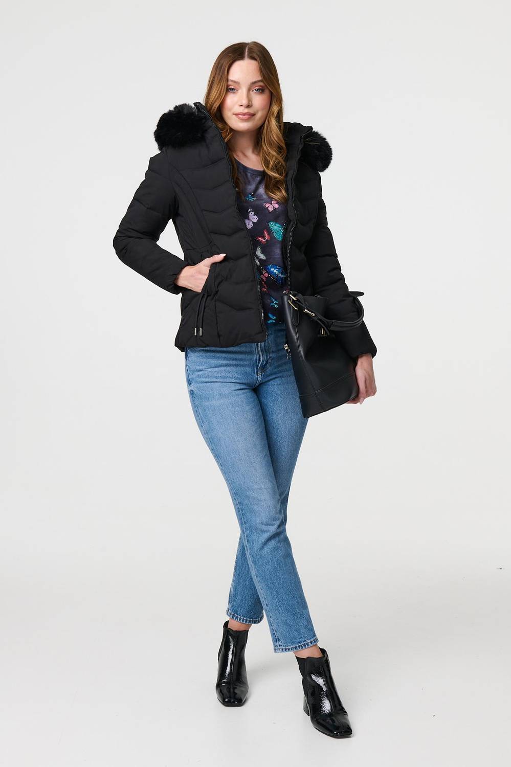 Faux Fur Hooded Zip-Up Puffer Jacket in Brown