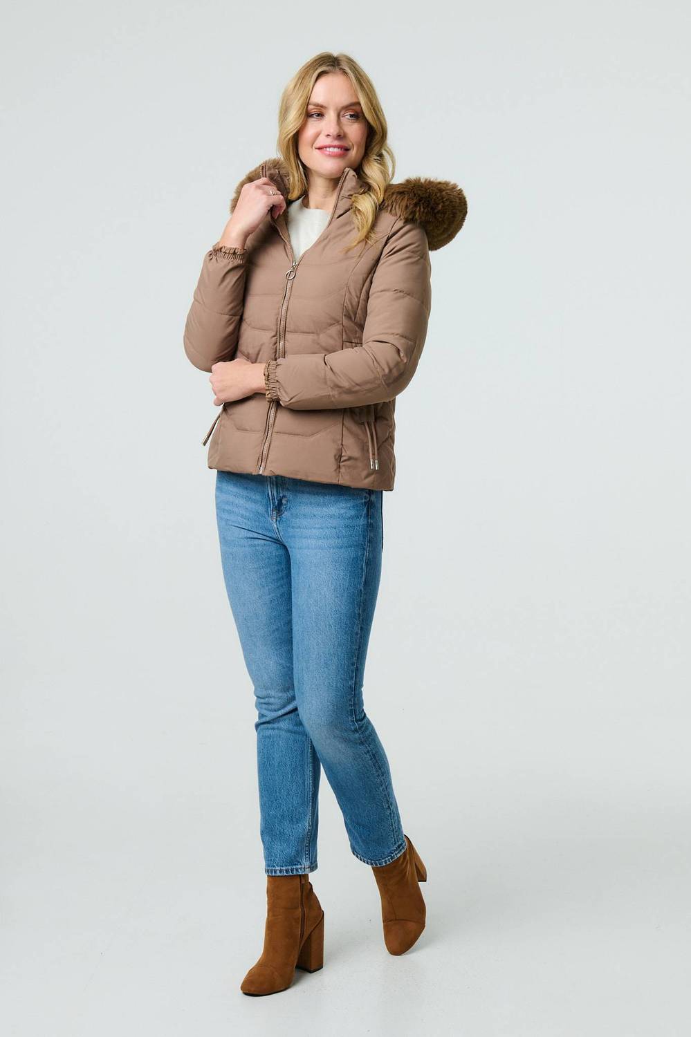 Faux Fur Hooded Zip-Up Puffer Jacket in Brown