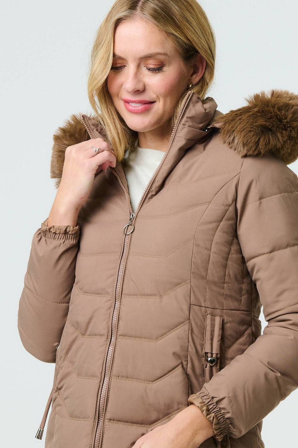 Faux Fur Hooded Zip-Up Puffer Jacket in Brown