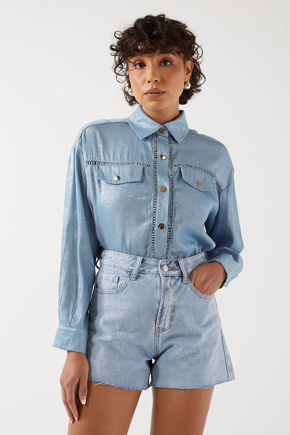 Sullivan Rhinestone Raw Hem Denim Shorts in Light Blue