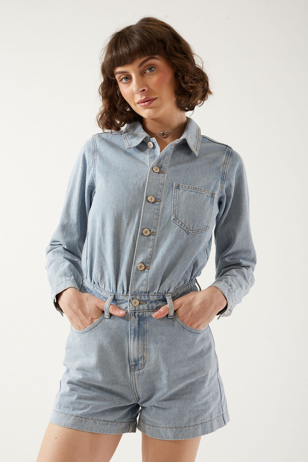 Cecilia Long Sleeve Denim Playsuit in Light Blue