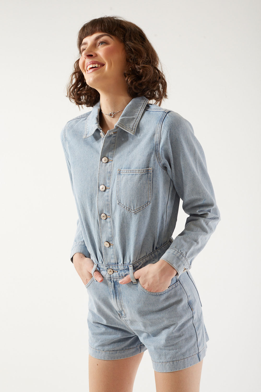 Cecilia Long Sleeve Denim Playsuit in Light Blue
