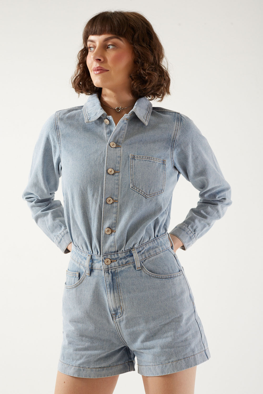 Cecilia Long Sleeve Denim Playsuit in Light Blue