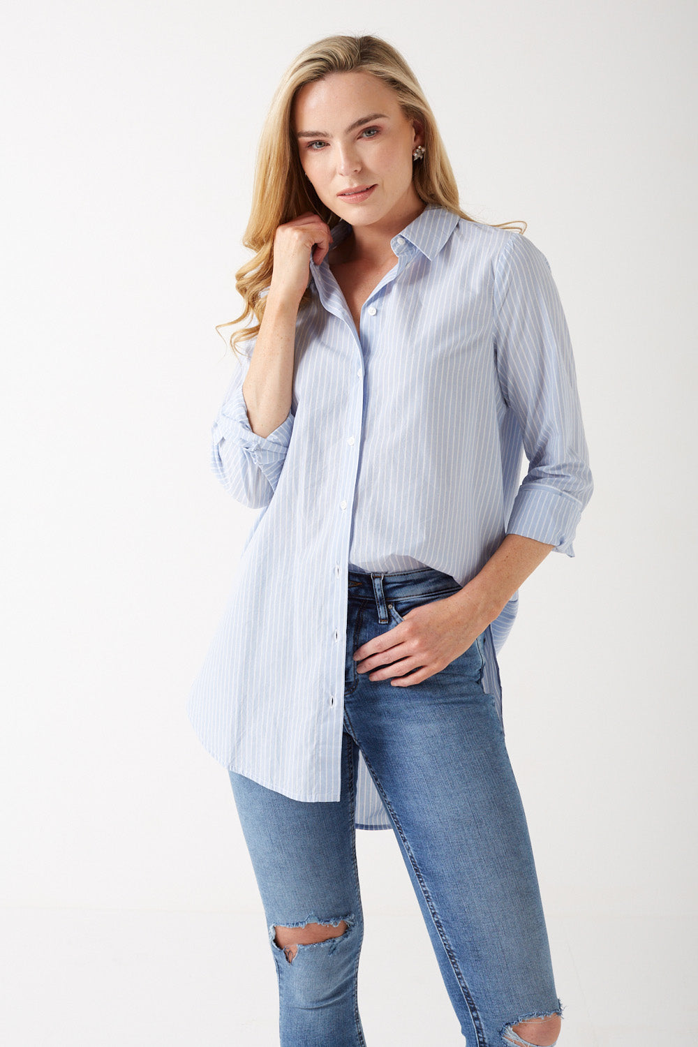 Jiva Stripe Long Shirt in Blue