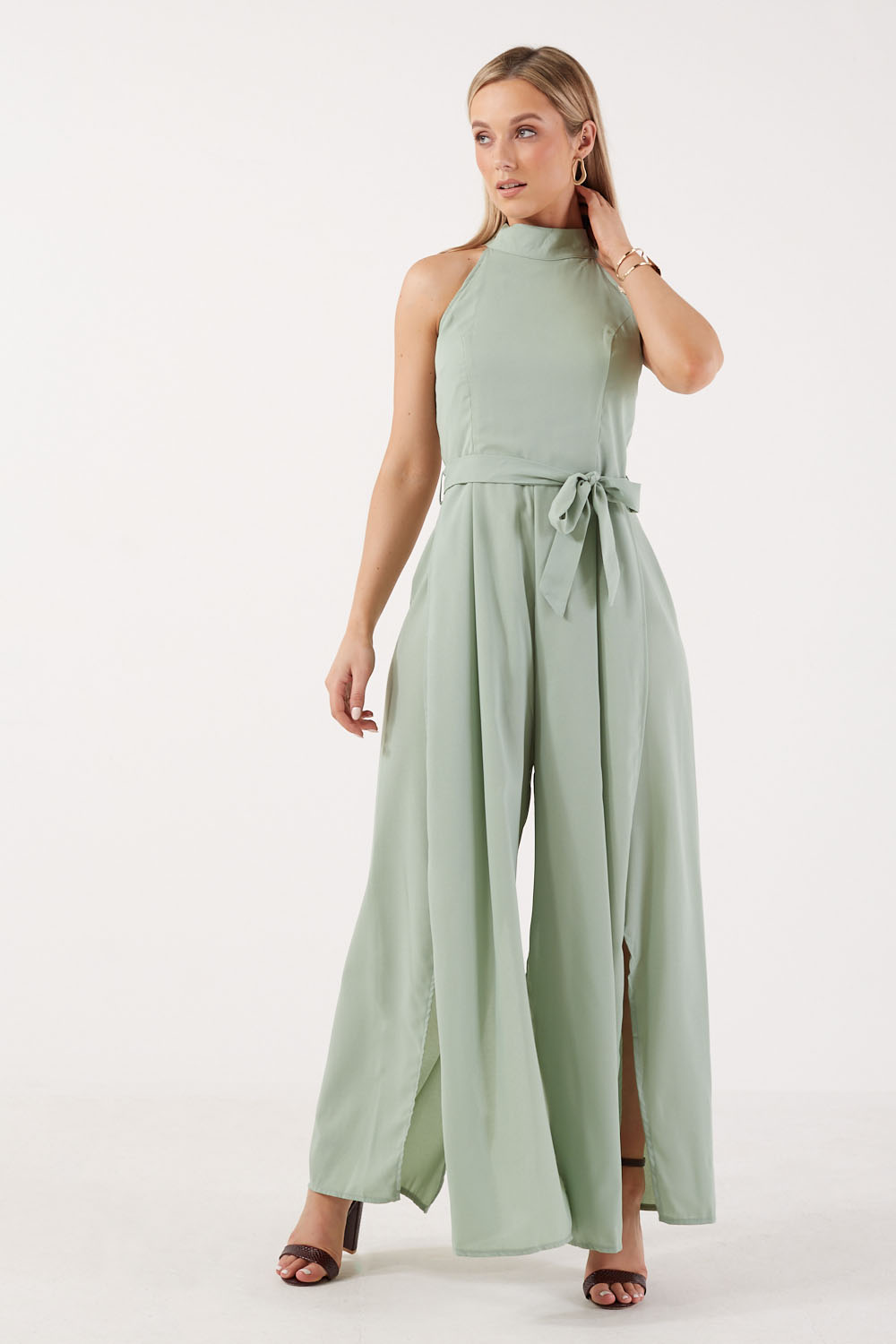 Karlie Halter Neck Belt and Tie at Back Jumpsuit in Mint