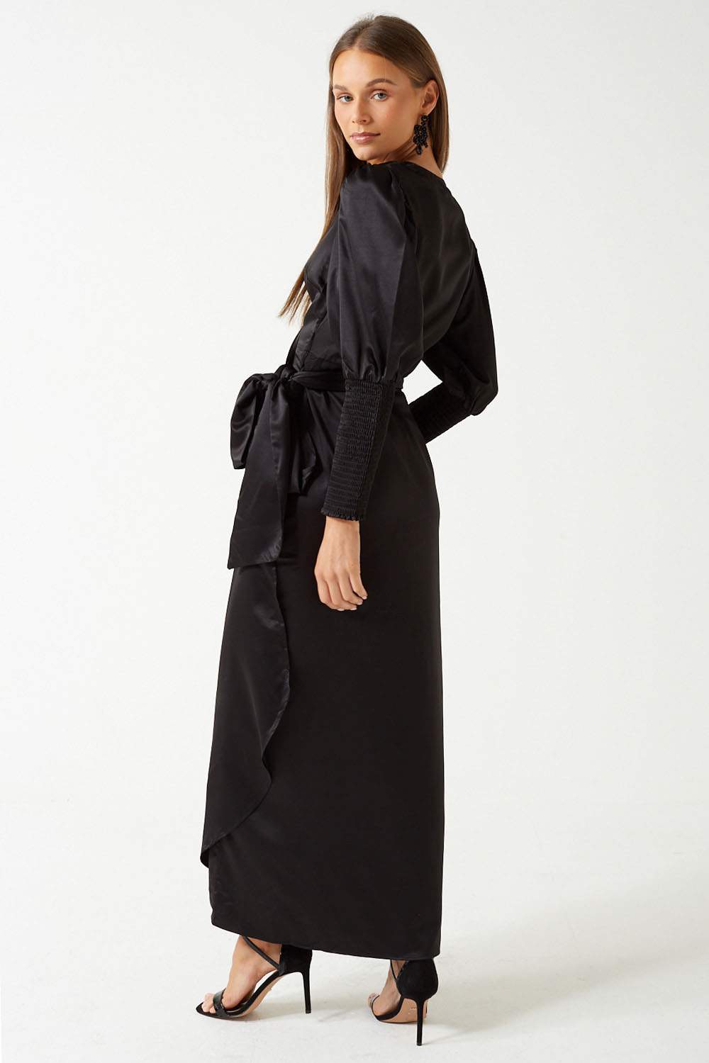 Julie Satin Wrap Dress in Black