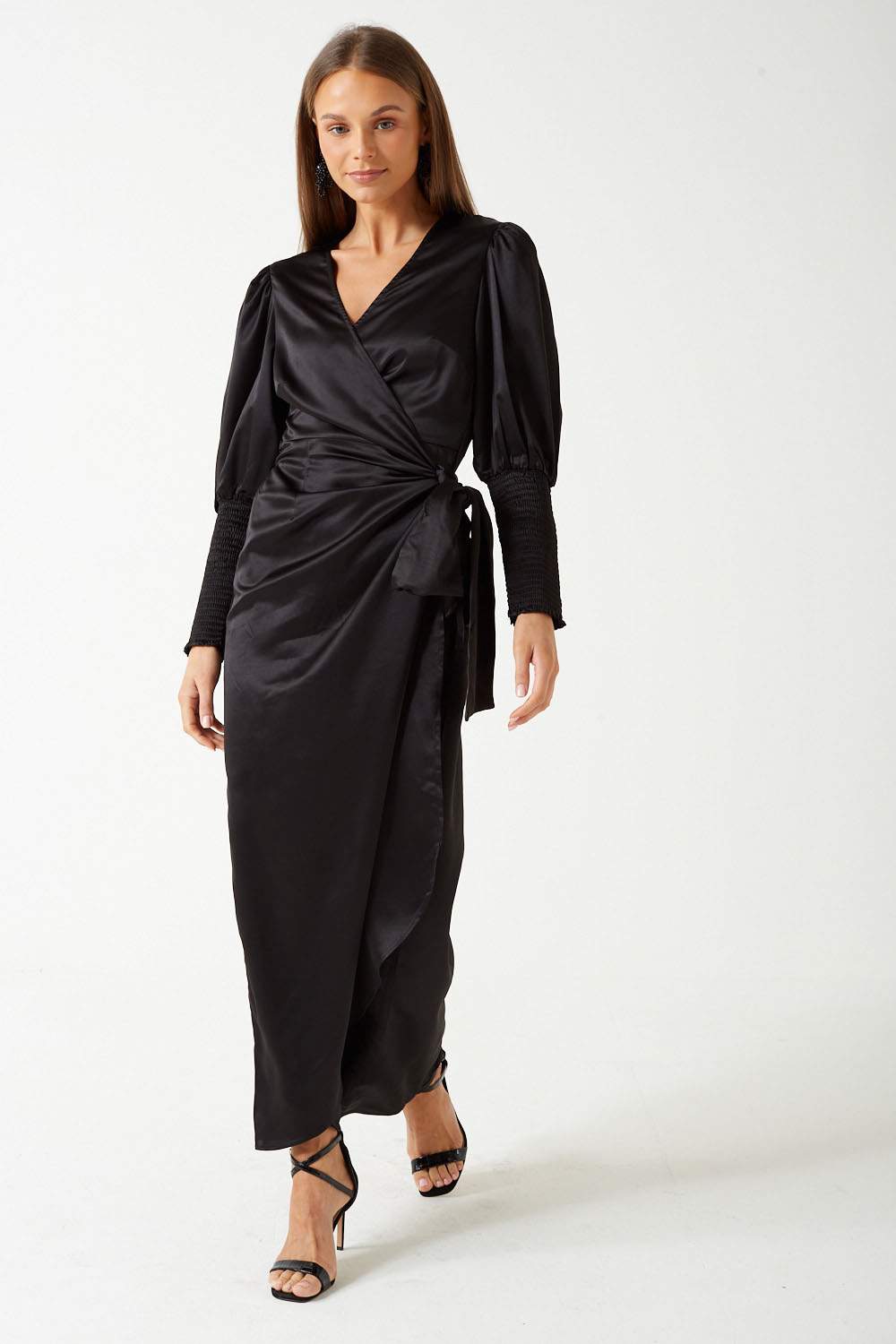 Julie Satin Wrap Dress in Black