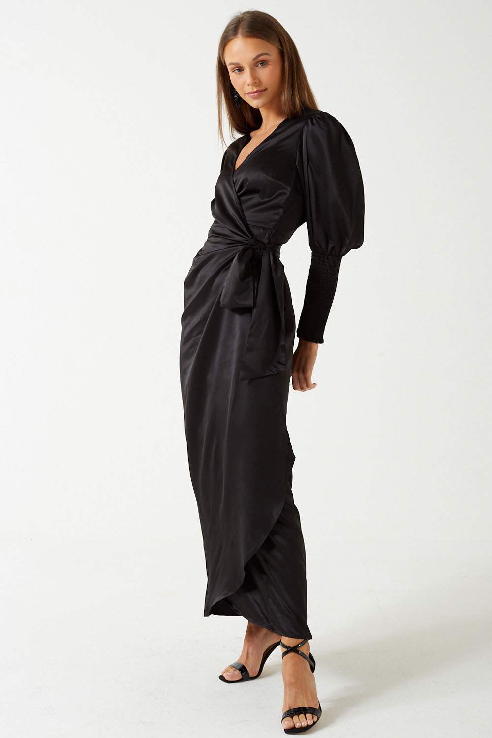 Julie Satin Wrap Dress in Black