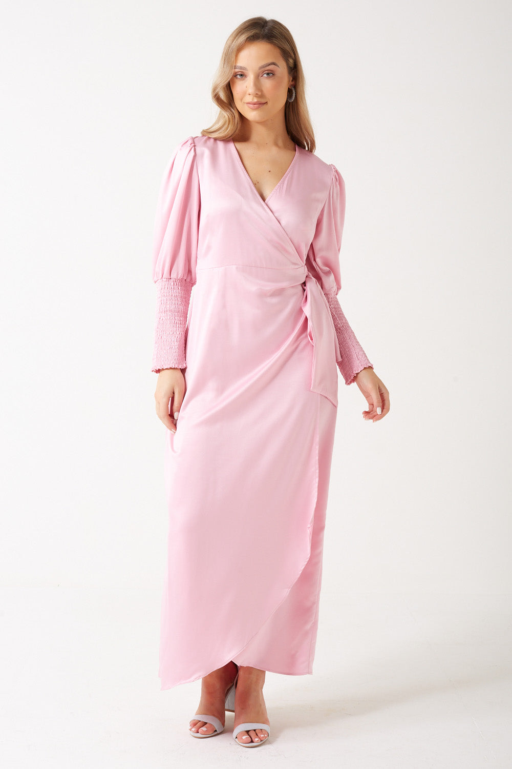 Julie Satin Wrap Dress in Pink